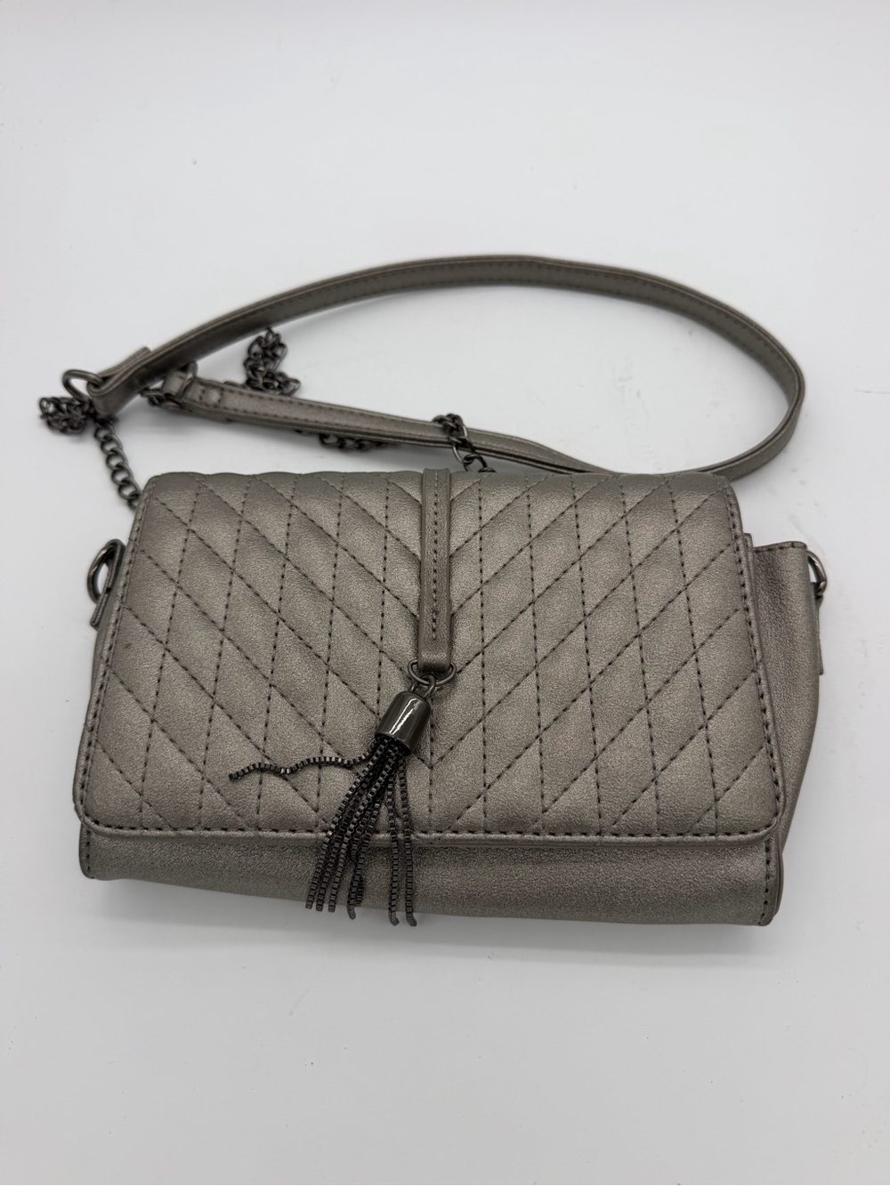 Olivia Miller Quilted Tassel Crossbody in Metallic Silver